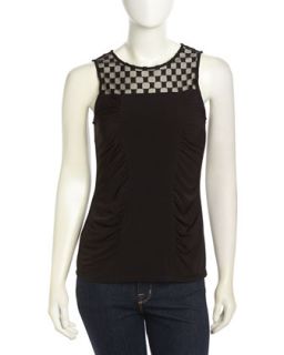 Checked Yoke Ruched Top, Black