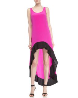 High Low 2 Tone Silk Maxi Dress, Shocking Pink/Black