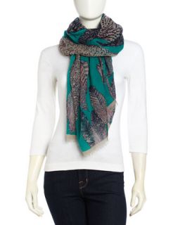 Feather Print Fringe Scarf, Teal