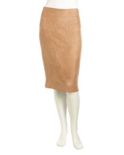Perforated Faux Suede Pencil Skirt, Camel