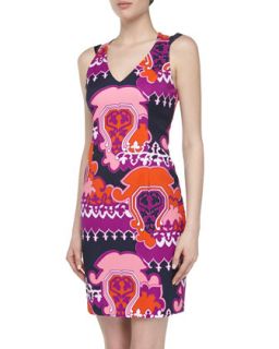 Sleeveless Ikat Print Bias Cut Poplin Dress, Pink Multi