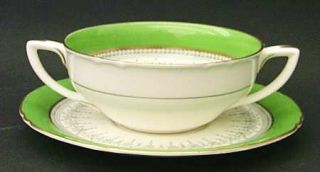 Royal Worcester Regency Green & Gray (New) Flat Cream Soup Bowl & Saucer Set, Fi
