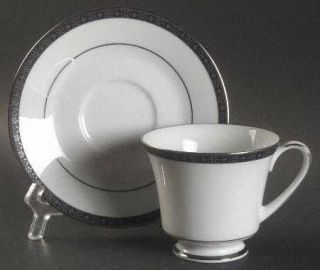 Noritake Peking Footed Cup & Saucer Set, Fine China Dinnerware   White Geometric