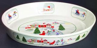 Sango Silent Night 11 Oval Baker, Fine China Dinnerware   Snow Scenes,Holly,Red