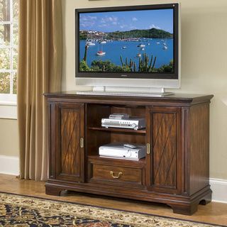 Windsor Cherry Tv Credenza (Cherry Materials Poplar solids, birch veneersFinish Windsor cherry Dimensions 36 inches high x 56 inches wide x 20 inches deep Number of shelves Eight (8)Number of drawers/compartments Three (3)Model # 5541 10Assembly req