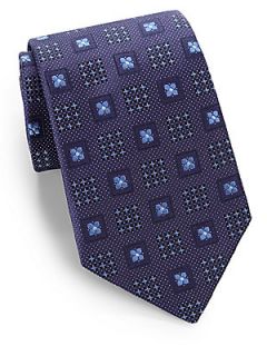 Corneliani Diamond Flower Silk Tie   Navy Blue