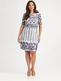 Kay Unger, Sizes 14 24 Lace Print Mesh Dress   Navy White