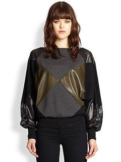Line & Dot Perforated Faux Leather Paneled Sweatshirt   Black Army