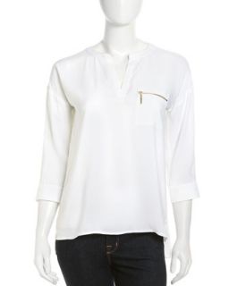Georgette Zip Pocket 3/4 Sleeve Blouse, White