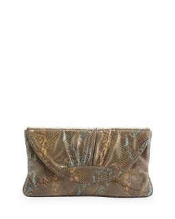 Ava Snakeskin Print Leather Clutch, Military/Gold