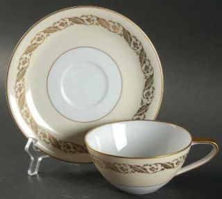 Noritake 5181 Flat Cup & Saucer Set, Fine China Dinnerware   Gold Leaf Band, Cre