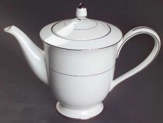 Sango Fresco Teapot & Lid, Fine China Dinnerware   White Floral Rim,Platinum Tri