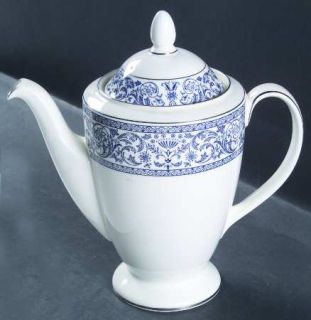 Minton Infanta Coffee Pot & Lid, Fine China Dinnerware   Blue Floral Rim,Platinu