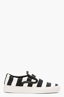 Mother Of Pearl Black And White Striped Leather Trim Slip_on Sneakers