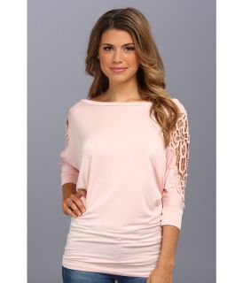 Brigitte Bailey Lace Trim Shoulder Top Womens Short Sleeve Pullover (Pink)