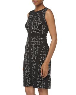 Sleeveless Geo Print Pique Dress, Black/White