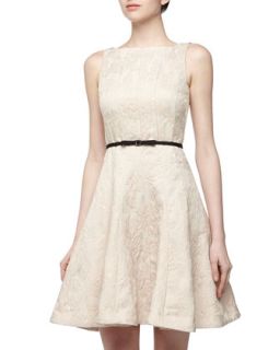 Floral Jacquard Belted Fit And Flare Dress, Beige