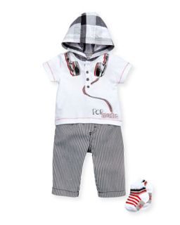 Hooded Top, Striped Pants & Socks Set, 3 9 Months