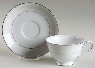 Sango Fresco Footed Cup & Saucer Set, Fine China Dinnerware   White Floral Rim,P