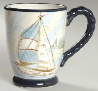 Sail Away Mug, Fine China Dinnerware   Sailboat Motifs, Coupe, Square,Blue Trim