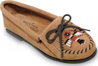 Womens Minnetonka Thunderbird Suede Boat Sole   Tan Suede Ornamented Shoes
