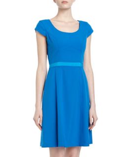 Two Tone Ribbon Trim Fit And Flare Dress, Blue Jay