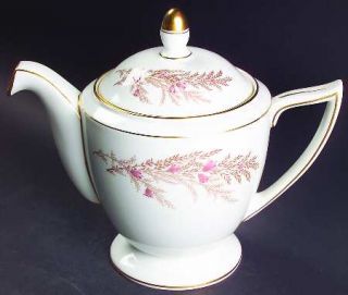 Minton Bedford Teapot & Lid, Fine China Dinnerware   Pink Flowers,Gray&Brown Lea