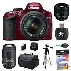 Nikon D3200 DX Format Red Digital SLR Camera 18 55mm, 55 300mm, and 85mm Lens Ki