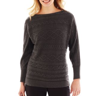 LIZ CLAIBORNE Long Sleeve Cable Sweater, Charcoal Heather, Womens