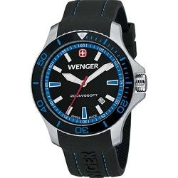 Wenger Mens Sea Force Swiss Watch   Black and Blue Dial/Black Silicone Bracelet