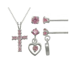 Girls Sterling Silver Pink Crystal Cross Pendant Earring Set, Girls