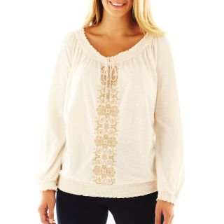 St. Johns Bay Embroidered Peasant Top   Plus, Ivory