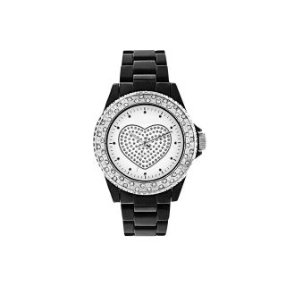 Womens Heart Dial Crystal Accent Black Bracelet Watch