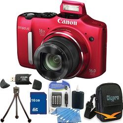Canon Powershot SX160 IS 16MP 16x Zoom Red Digital Camera 16GB Bundle