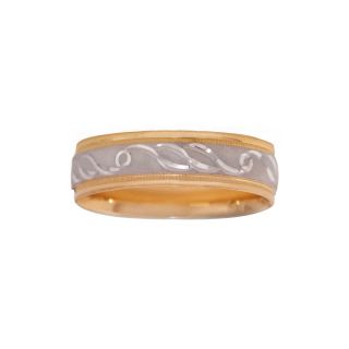 Mens 10K Two Tone Gold 6mm Engraved Wedding Band, Two Tone