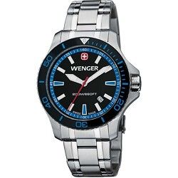 Wenger Mens Sea Force Swiss Watch   Black and Blue Dial/Stainless Steel Bracele