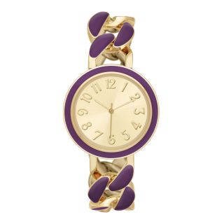 Womens Gold Tone Enamel Chain Bracelet Watch, Purple