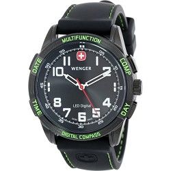 Wenger Mens Nomad LED Compass Watch   Black Dial/Black Silicone Strap/Green LED