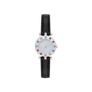 Womens Colored Crystal Accent Faux Leather Strap Watch, Black
