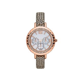 Womens Round Crystal Accent Lizard Print Strap Watch, Gray