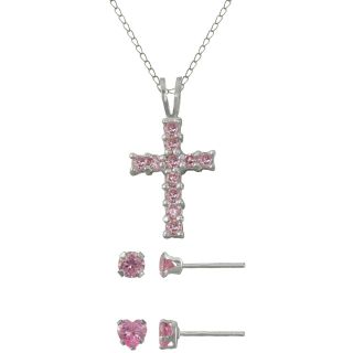 Girls Sterling Silver Pink Cubic Zirconia Cross & 2 Earrings Set, Girls