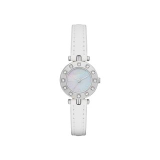 Womens Crystal Accent Bezel Faux Leather Strap Watch, White