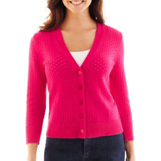 LIZ CLAIBORNE 3/4 Sleeve Pointelle Cardigan Sweater, Bright Rose, Womens