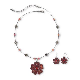 Jet Glass 3 Row Necklace & Linear Earrings Set, Red