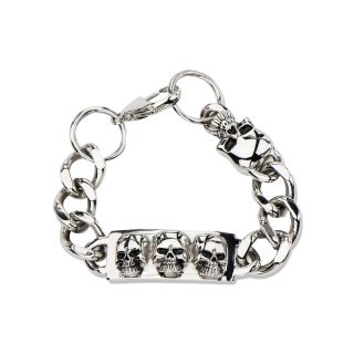 Inox Jewelry Mens Stainless Steel Curb Link & Skull Bracelet, White