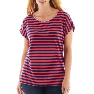 Short Sleeve Embellished Striped Tee   Plus, Red, Womens