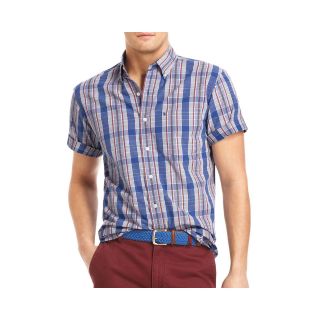 Izod Short Sleeve Plaid Shirt, Blue, Mens