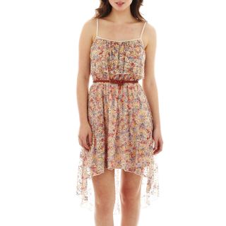 LOVE REIGNS Belted Floral Print High Low Lace Dress, Yellow