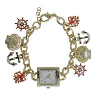 Womens Nautical Themed Charm Bracelet Watch, Gold