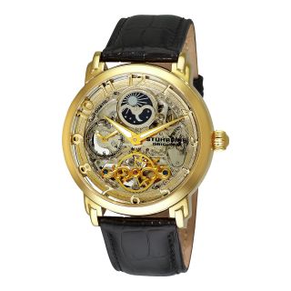 STUHRLING Mens Gold Tone Dual Time Skeleton Automatic Watch